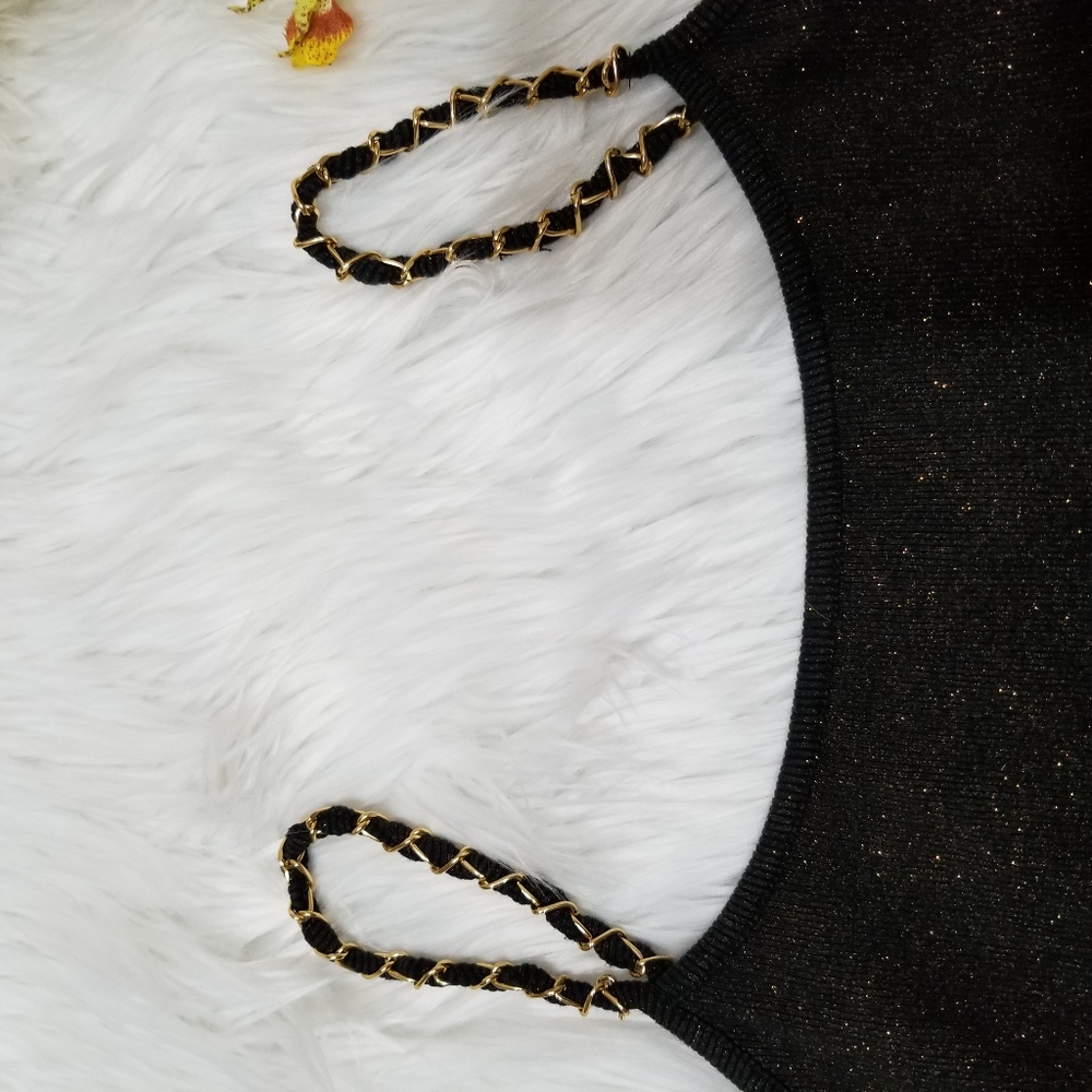 Black Cable & Gauge Top with Gold Glitter and Gold Chain Straps, SIZE L. - Picture 4 of 15